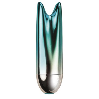 An image of the Atomic bullet vibe, which has two short prongs at the top and a rounded bottom. It is metallic in colour, fading from blue-green at the top to silver at the bottom