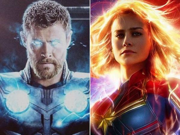 A photo of lightning eyed Thor on the left and glowing magic Captain Marvel on the right
