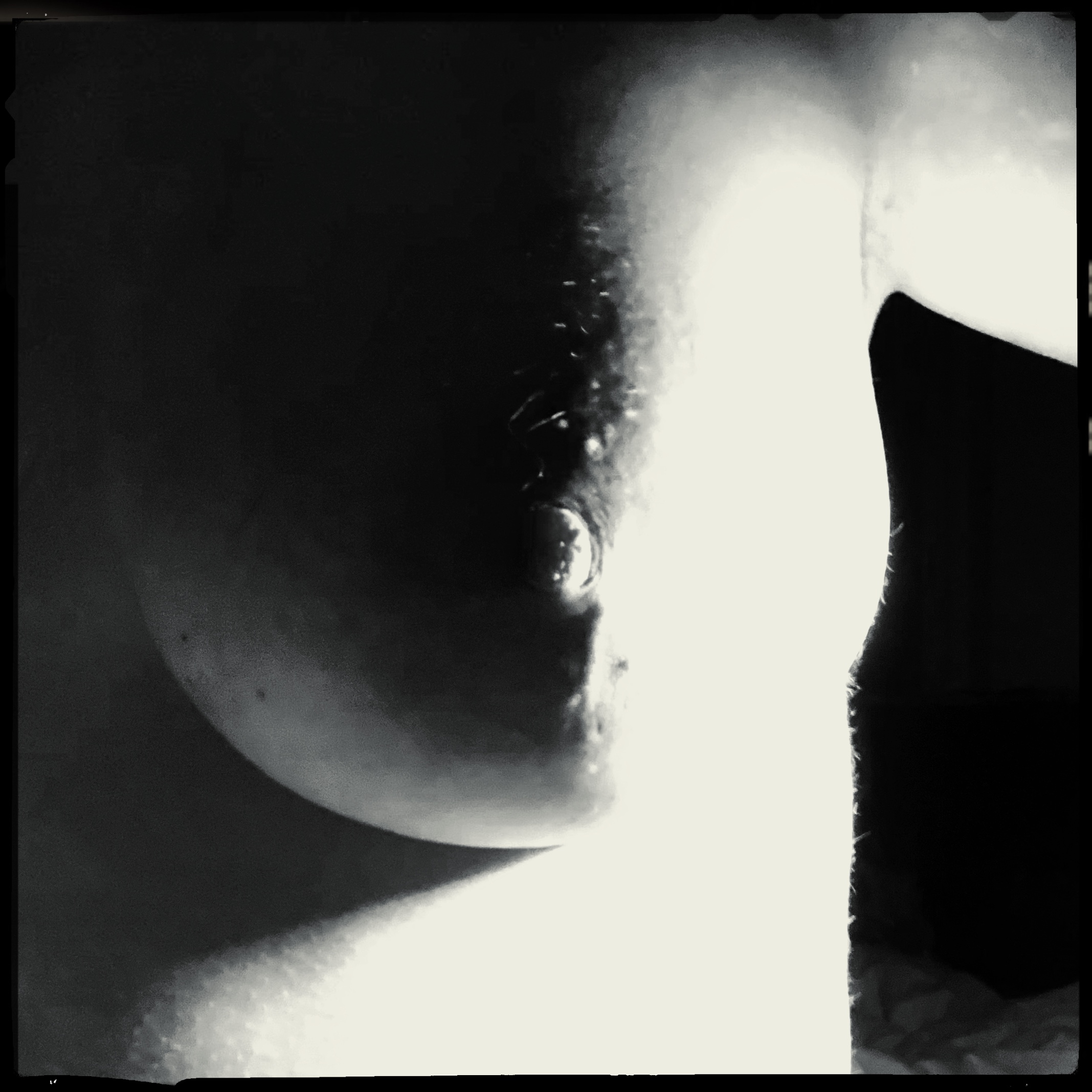A black and white image of my breast, lit from the side with the other side in deep shadow